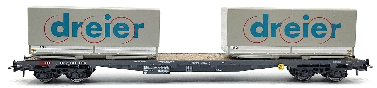 HAG 618-73 024 HO Scale SBB Flatcar w/ 2 Dreier Containers LN/Box