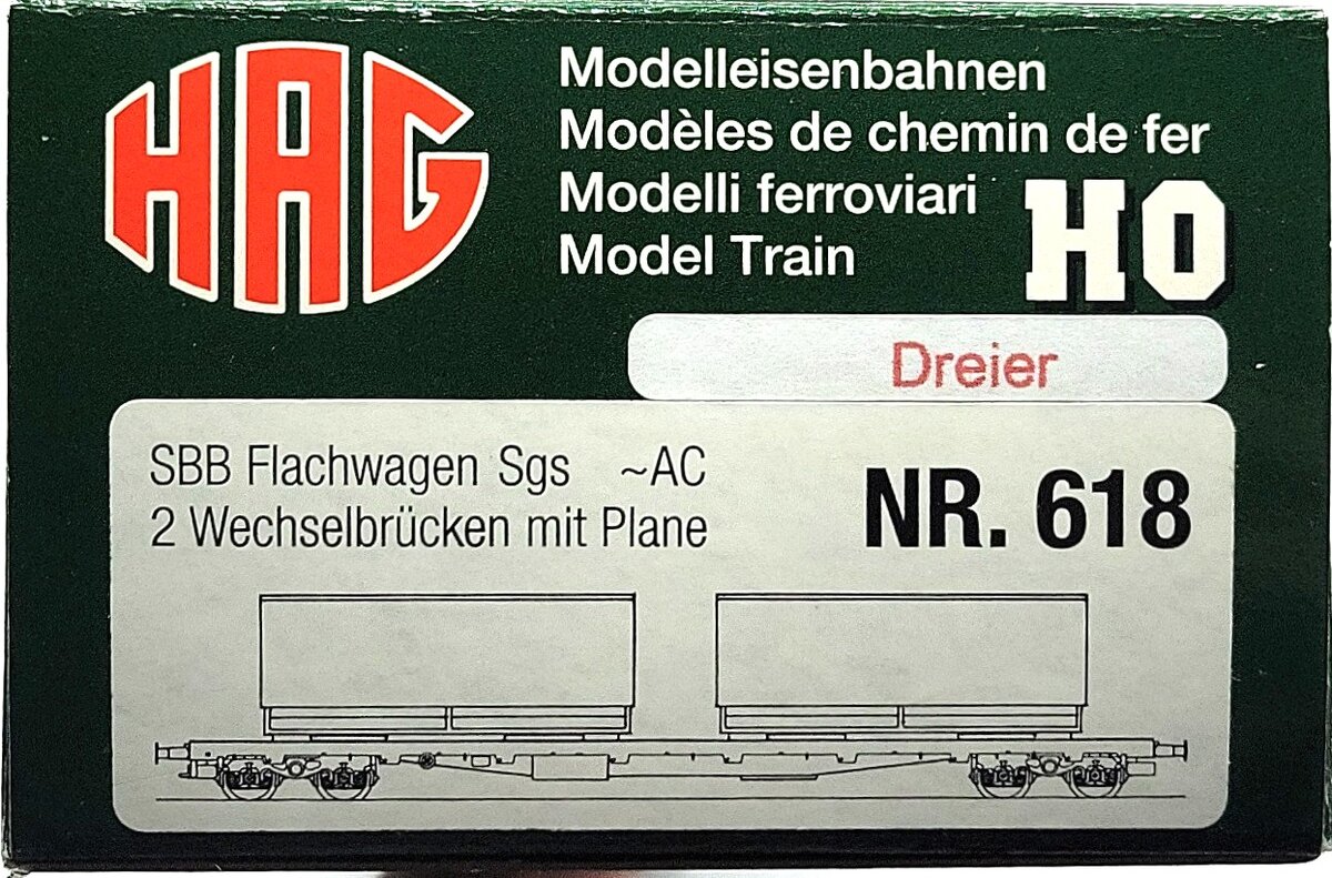 HAG 618-73 024 HO Scale SBB Flatcar w/ 2 Dreier Containers LN/Box