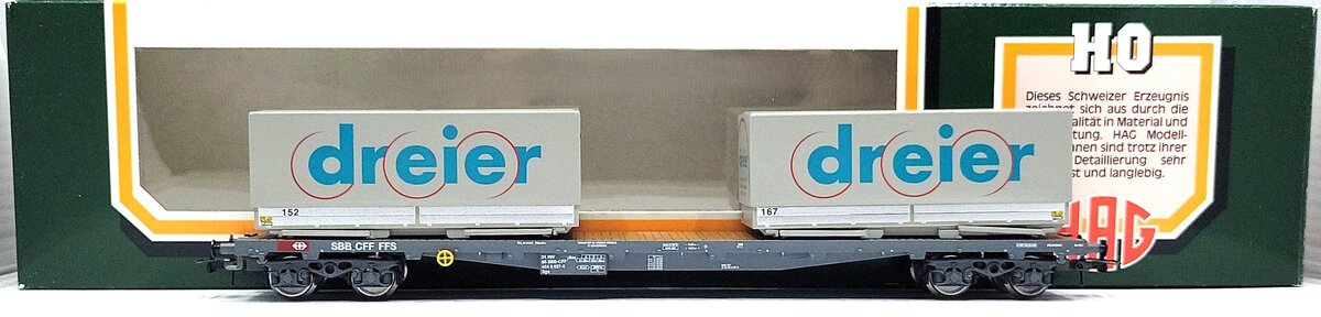 HAG 618-73 024 HO Scale SBB Flatcar w/ 2 Dreier Containers LN/Box