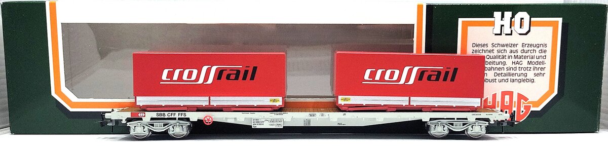 HAG 618-73 022 HO Scale SBB Flatcar w/ 2 CrossRail Containers EX/Box