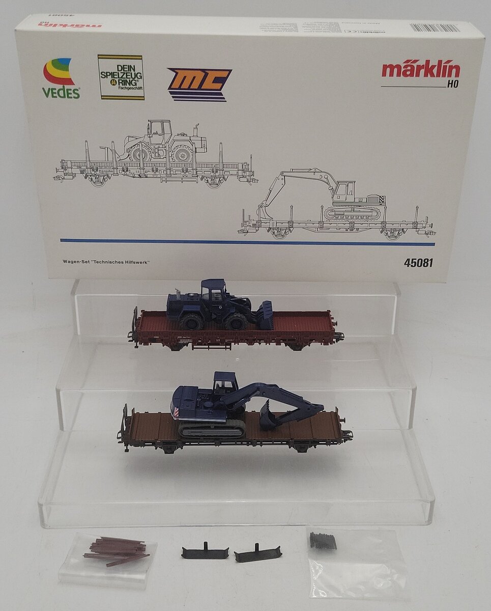 Marklin 45081 HO Scale German Railroad Flat Cars w/ Heavy Machinery LN/Box