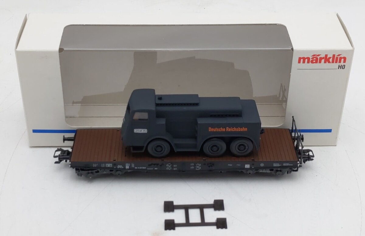 Marklin 4866 HO Scale German Imperial Railway Flatcar w/ DR Kaelble Truck EX/Box