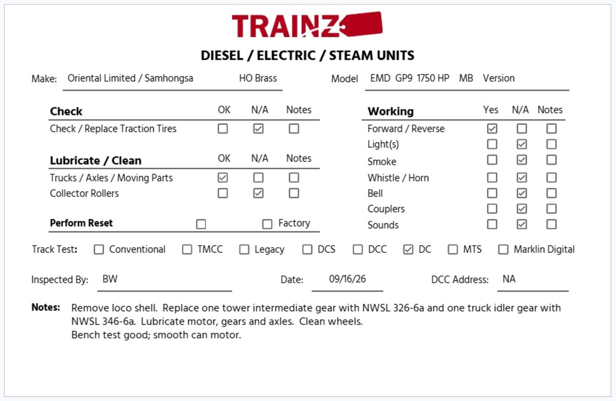 Oriental Limited HO BRASS EMD GP9 Diesel Locomotive (Mb Version) - Unpainted EX/Box