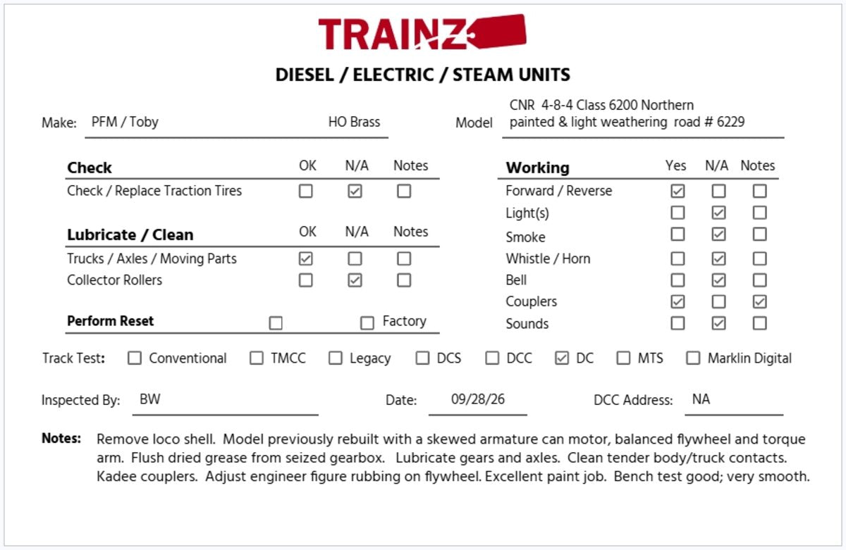 Pacific Fast Mail HO BRASS C.N.R. 4-8-4 Class 6200 Steam Loco & Tender -Painted/Box