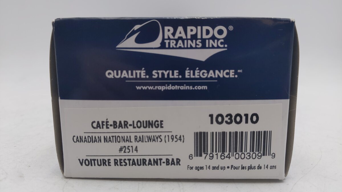 Rapido Trains 103010 HO Scale Canadian National Café-Bar-Lounge Car #2514 EX/Box