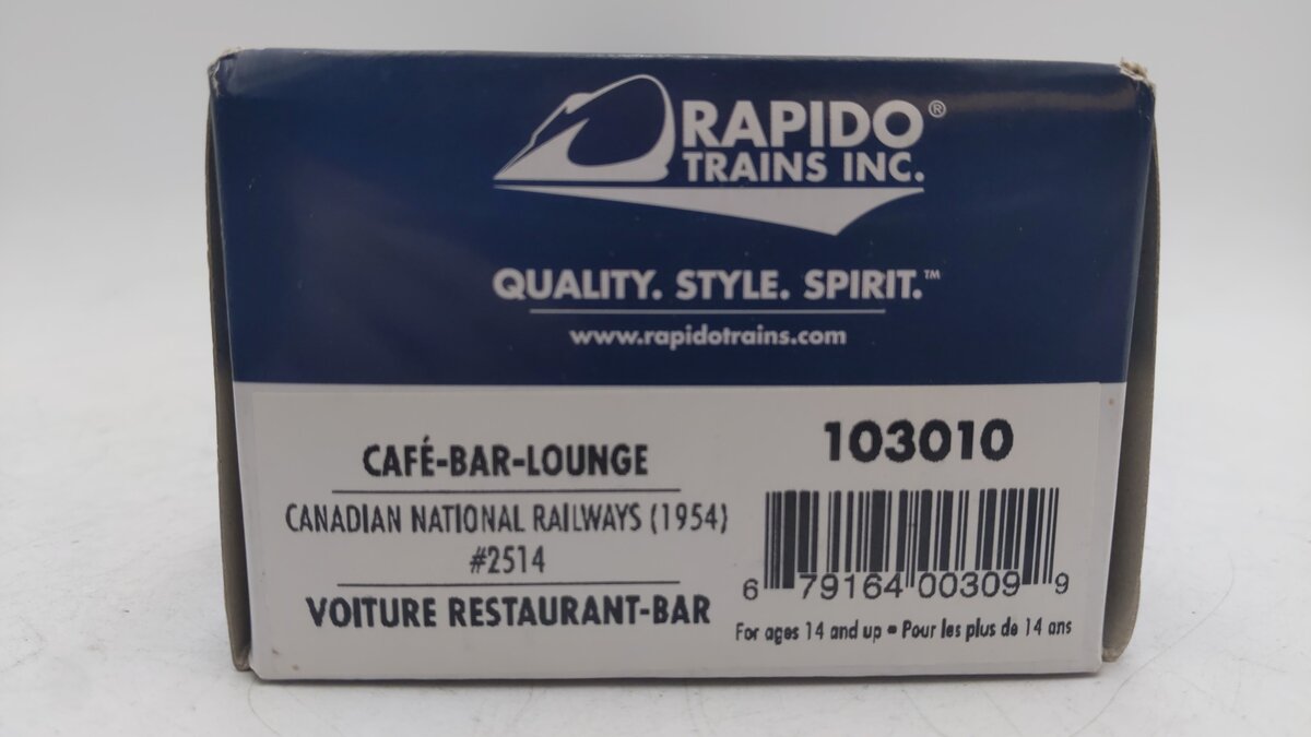 Rapido Trains 103010 HO Scale Canadian National Café-Bar-Lounge Car #2514 EX/Box