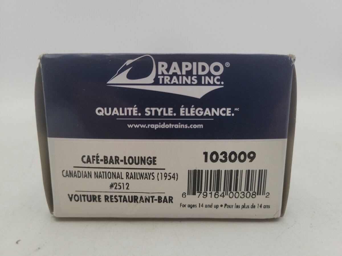 Rapido Trains 103009 HO Canadian National Cafe-Bar-Lounge #2512 EX/Box