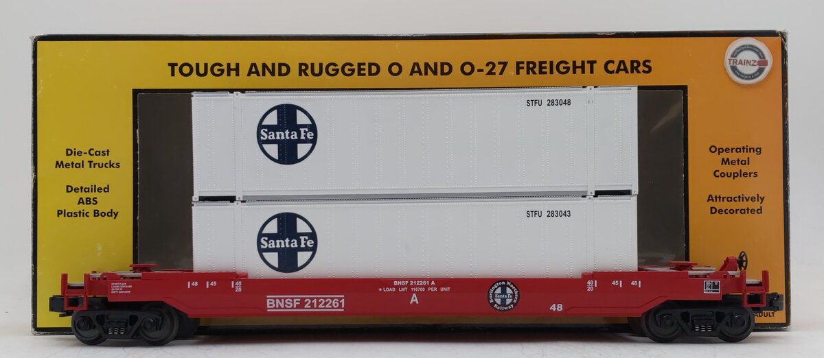 MTH 30-7644 O Gauge BNSF Husky-Stack Car with Containers #212261 EX/Box