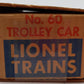 Lionel 60 Vintage O Lionelville Motorized Rapid Transit Trolley VG/Box