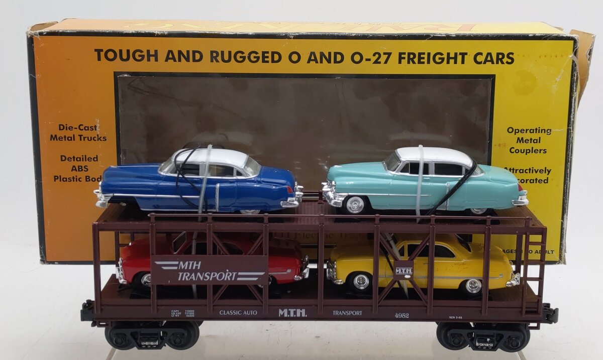 MTH 30-7628 O Gauge Auto Carrier Flatcar with 4 Ertl Cars #4952 VG/Box