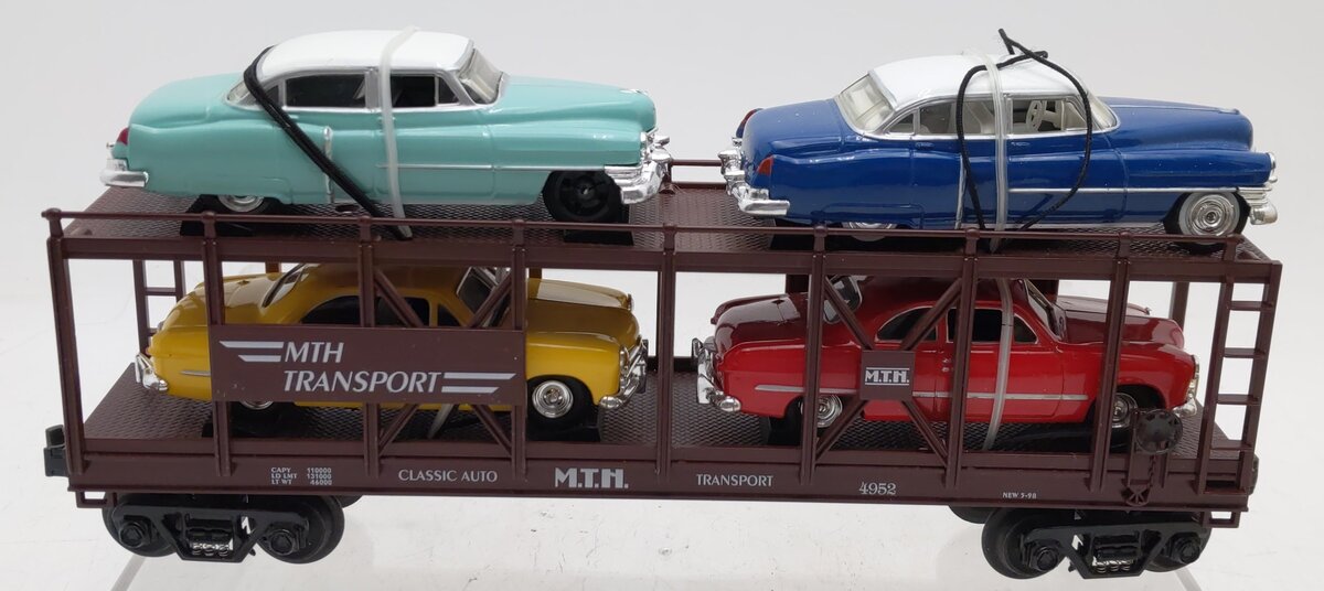 MTH 30-7628 O Gauge Auto Carrier Flatcar with 4 Ertl Cars #4952 VG/Box