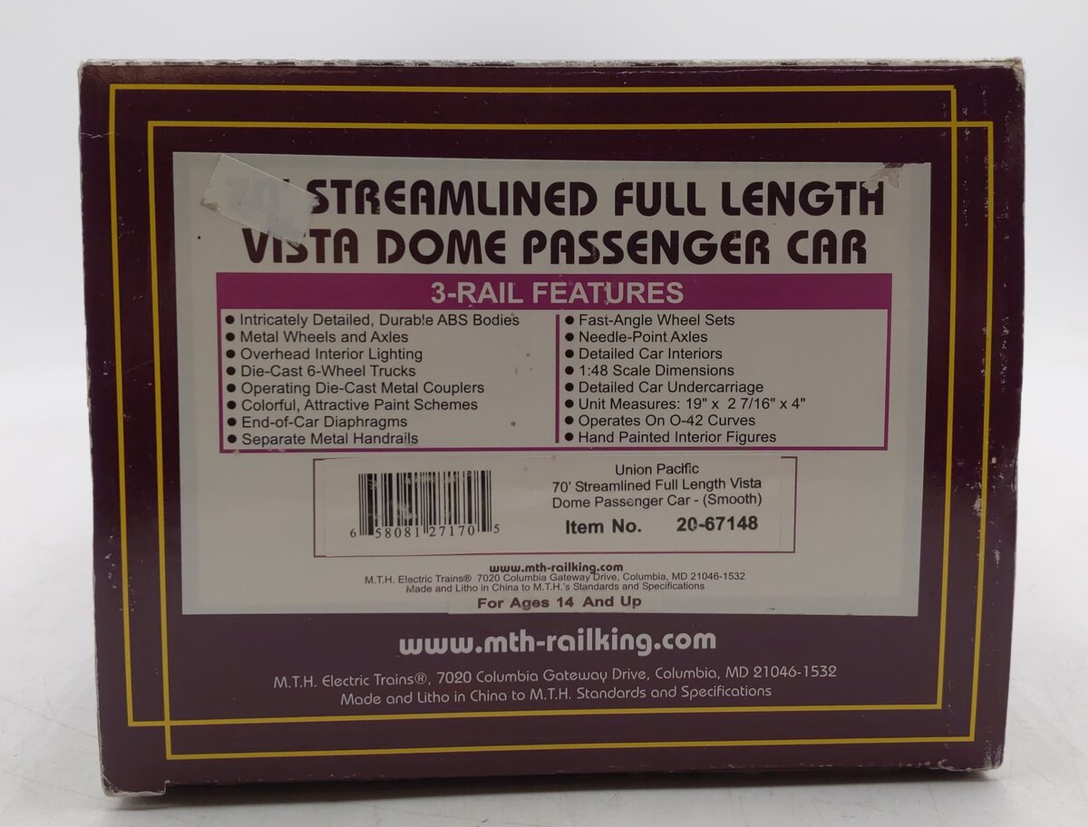 MTH 20-67148 O Gauge UP 70'' Full Length Vista Dome Passenger Car #8017 EX/Box