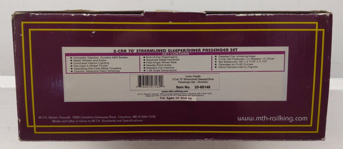 MTH 20-66148 O UP 70' Streamlined Sleeper/Diner Passenger Set (Set of 2) EX/Box