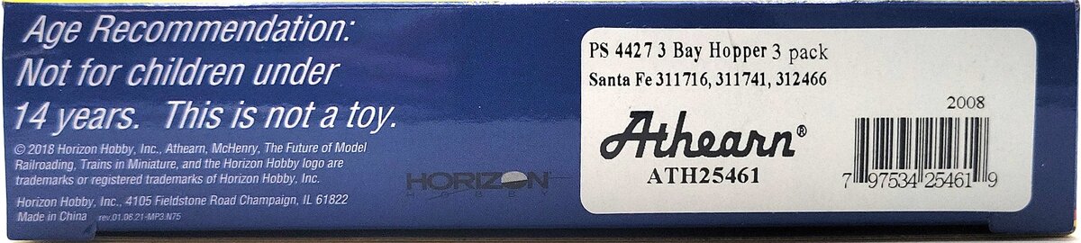 Athearn 25461 N Santa Fe PS 4427 3 Bay Hoppers: 312466, 311741, 311716 [3 pck] NIB