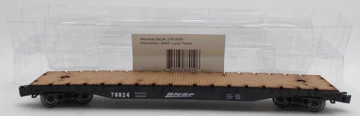 Menards 279-3059 O Gauge Burlington Northern/Santa Fe Long Flatcar #78824 EX/Box
