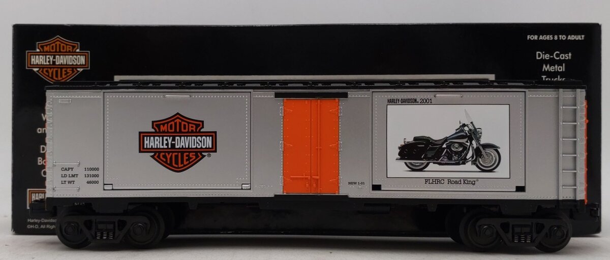 MTH 30-74293 O Gauge Harley-Davidson 40' Window Box Car with 2 2001 Road King VG/Box