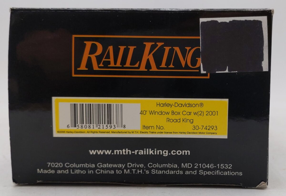 MTH 30-74293 O Gauge Harley-Davidson 40' Window Box Car with 2 2001 Road King VG/Box
