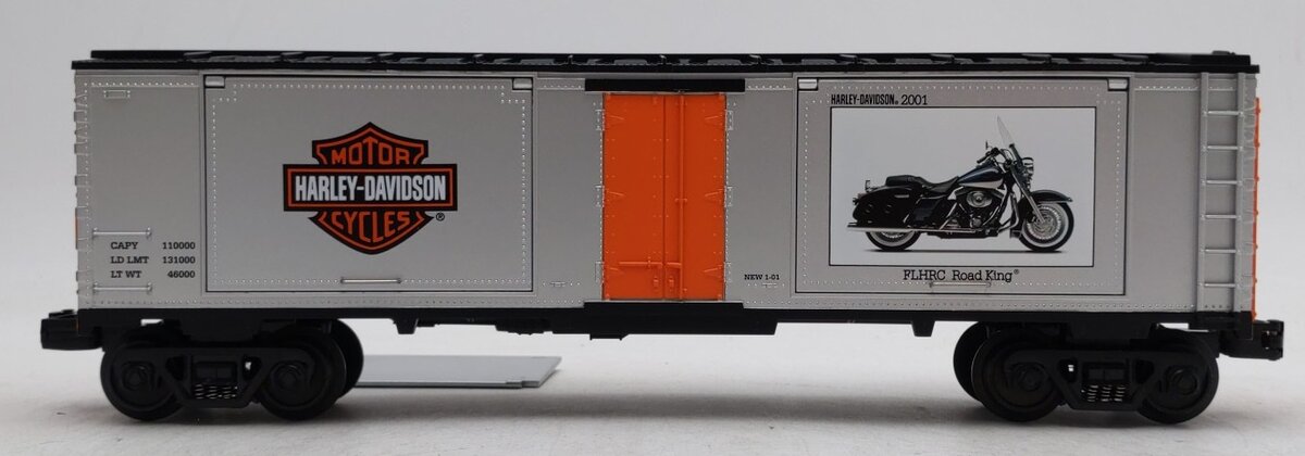 MTH 30-74293 O Gauge Harley-Davidson 40' Window Box Car with 2 2001 Road King VG/Box