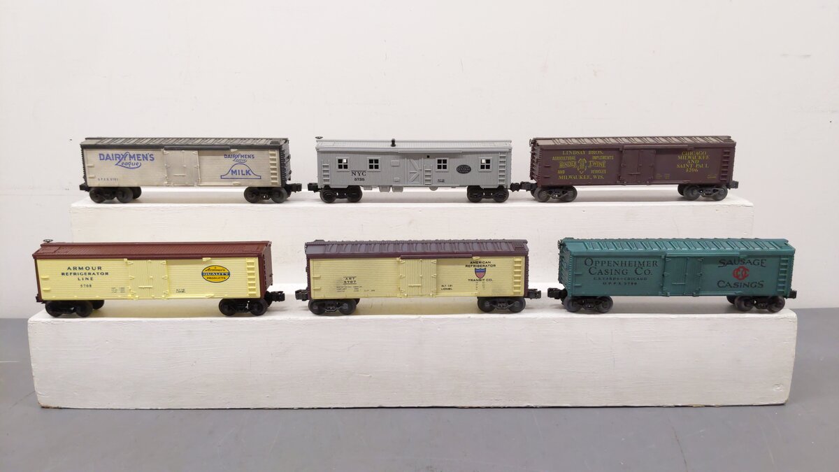 Lionel O Assorted Freight Cars 5701, 5735, 5707, 5700, 5708, 5706 [6] EX/Box
