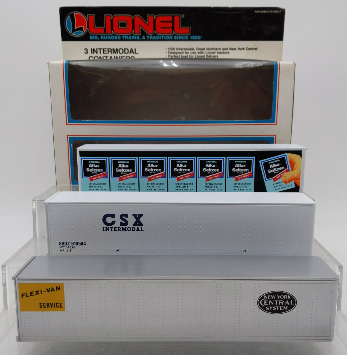 Lionel 6-12826 O CSX/Alka-Seltzer/New York Central Intermodal 3-Container Pack LN/Box