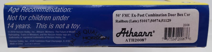 Athearn ATH20087 N Scale Railbox 50' FMC Ex-Post Combo Door Box Cars 3-Car Set EX/Box