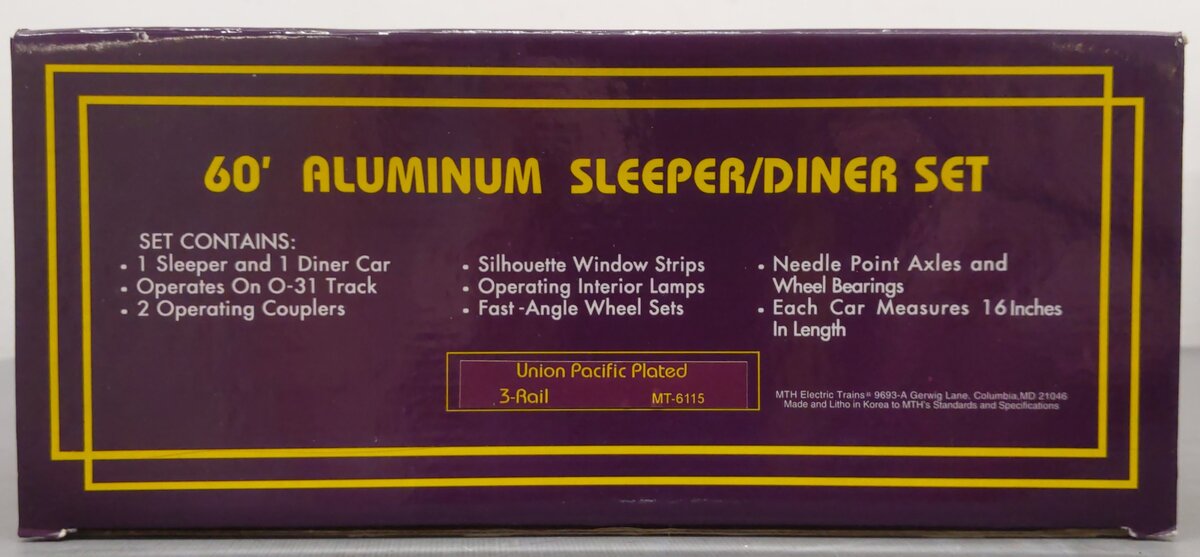 MTH 20-6115 O UP 60' Sleeper/Diner Aluminum Passenger Car Set (Set of 2) EX/Box
