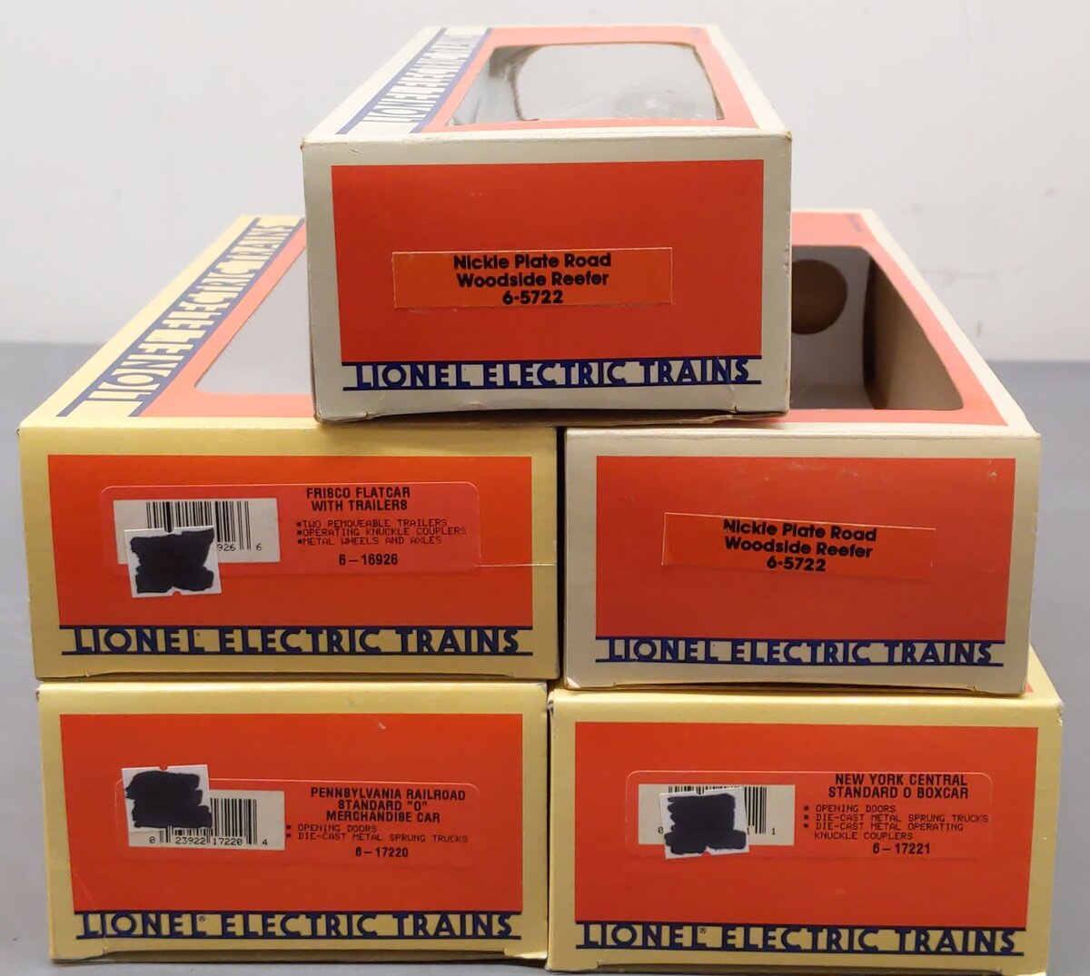Lionel O Gauge Assorted Freight Cars 6-17220, 6-16926, 6-17221, 6-5722 [5] VG/Box