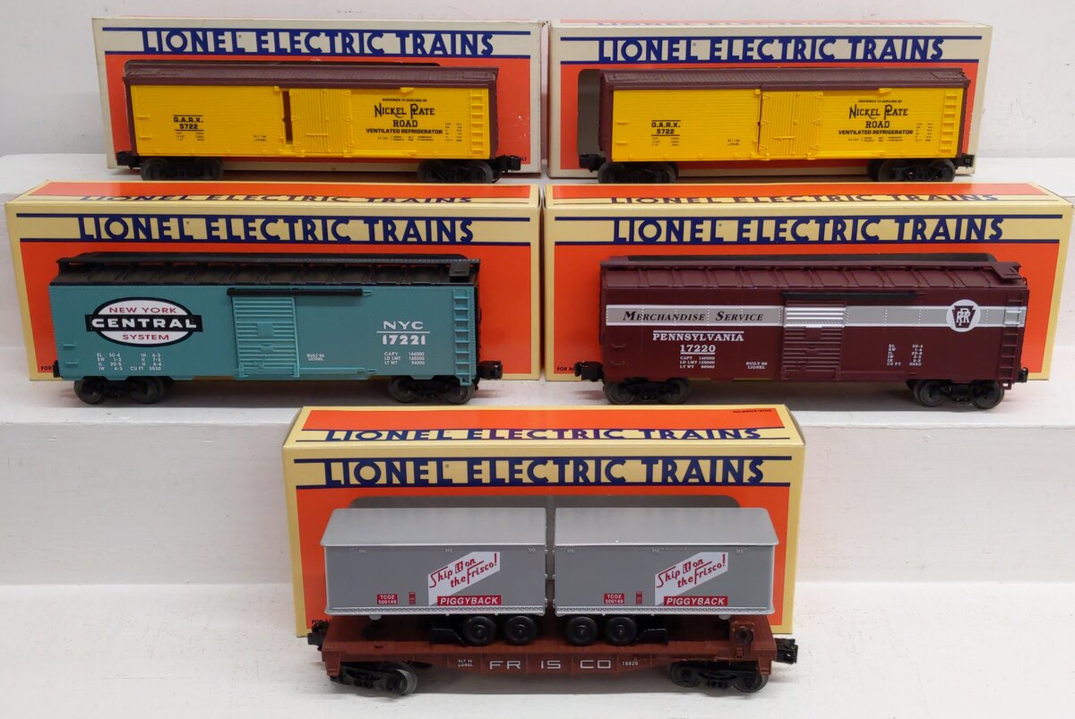 Lionel O Gauge Assorted Freight Cars 6-17220, 6-16926, 6-17221, 6-5722 [5] VG/Box