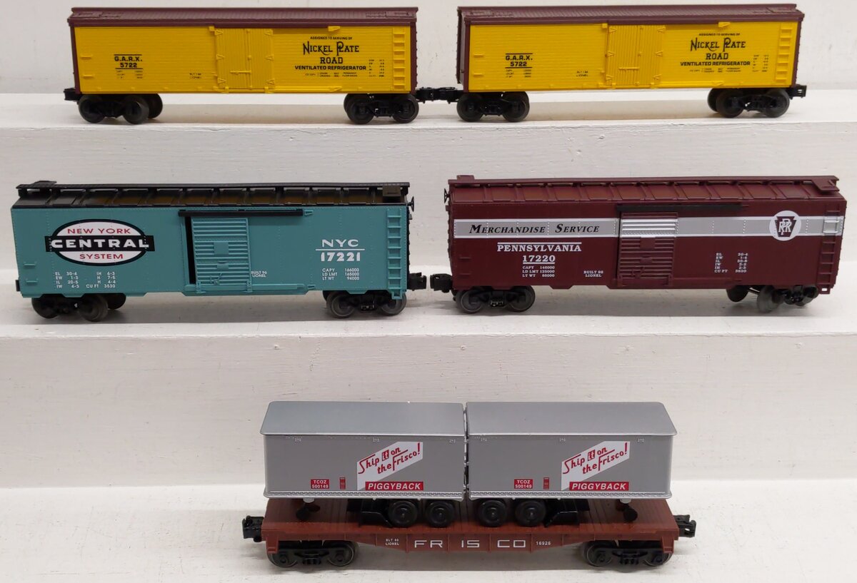 Lionel O Gauge Assorted Freight Cars 6-17220, 6-16926, 6-17221, 6-5722 [5] VG/Box