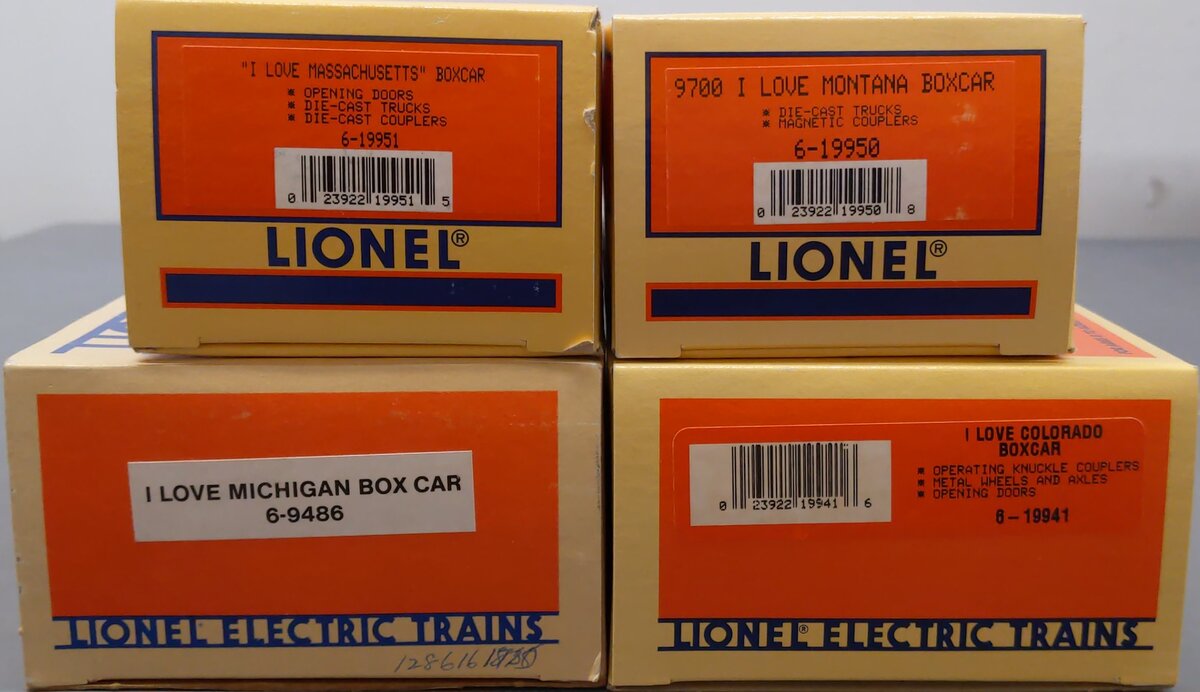 Lionel O Gauge Assorted "I Love" Boxcars: 9486, 19941, 19950, 19951 [4] LN/Box