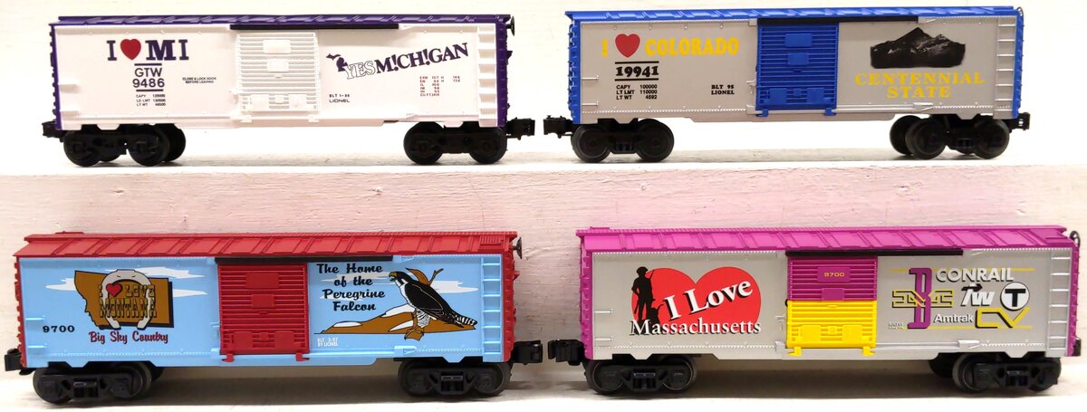 Lionel O Gauge Assorted "I Love" Boxcars: 9486, 19941, 19950, 19951 [4] LN/Box