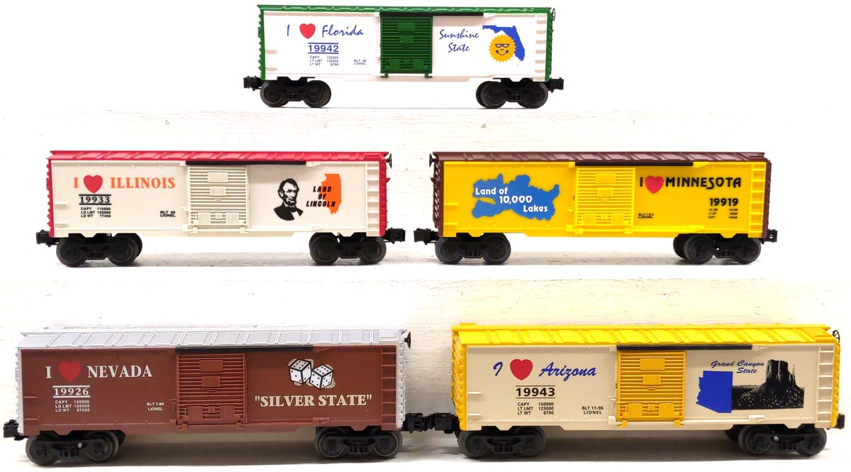 Lionel O Assorted "I Love" Boxcars: 19919, 19926, 19933, 19942, 19943 [5] LN/Box