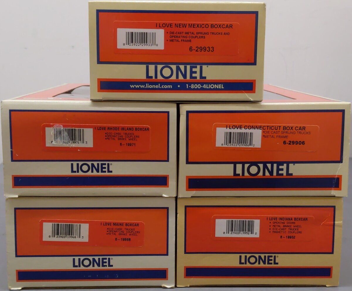 Lionel O Gauge Assorted "I Love" Boxcars: 19952, 29906, 19968, 29933, 19971 [5] LN/Box