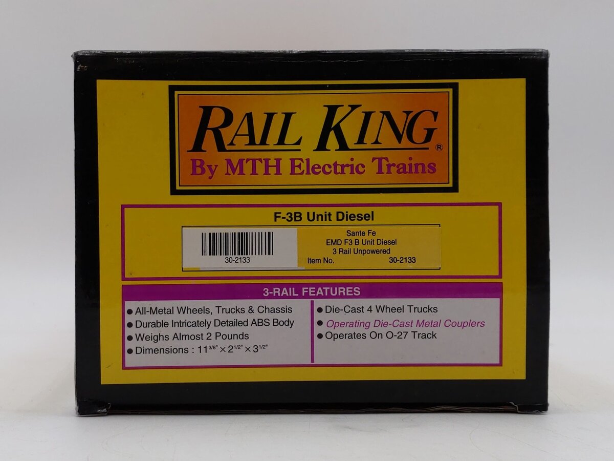 MTH 30-2133 O Gauge Santa Fe F3 B-Unit Non-Powered Diesel Engine EX/Box