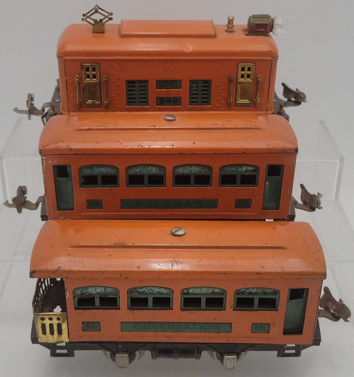 Lionel O Gauge Prewar 248 Electric Locomotive w/ 629 Coach & 630 Observation Car VG