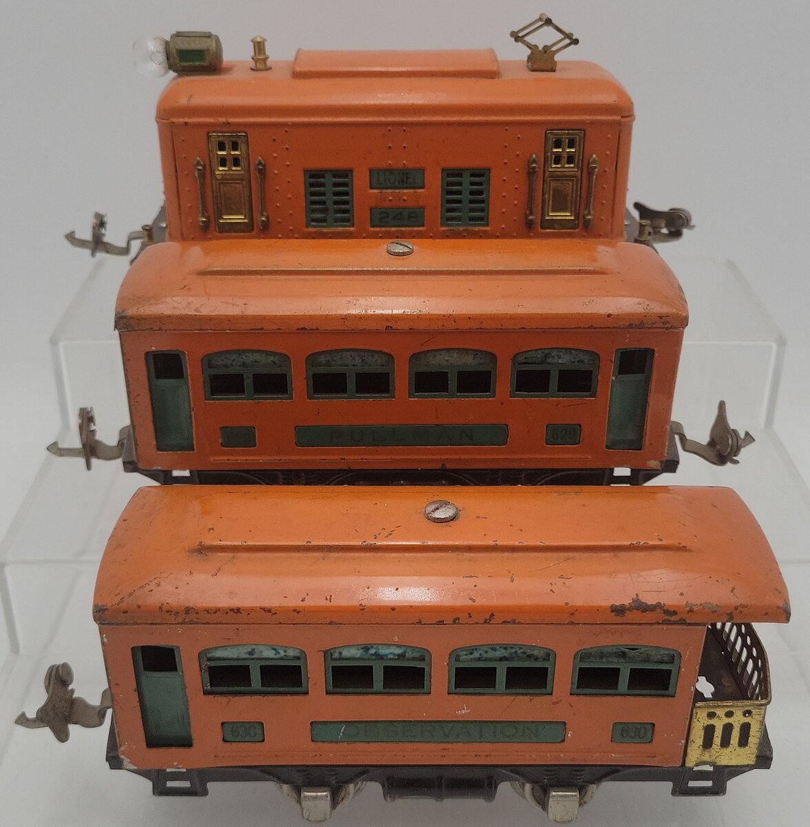 Lionel O Gauge Prewar 248 Electric Locomotive w/ 629 Coach & 630 Observation Car VG