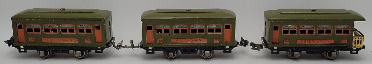 Lionel Prewar O Gauge Pea Green Electric Passenger Cars: 530, 529, 529 [3] VG