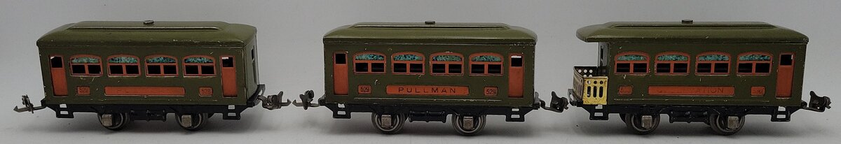 Lionel Prewar O Gauge Pea Green Electric Passenger Cars: 530, 529, 529 [3] VG