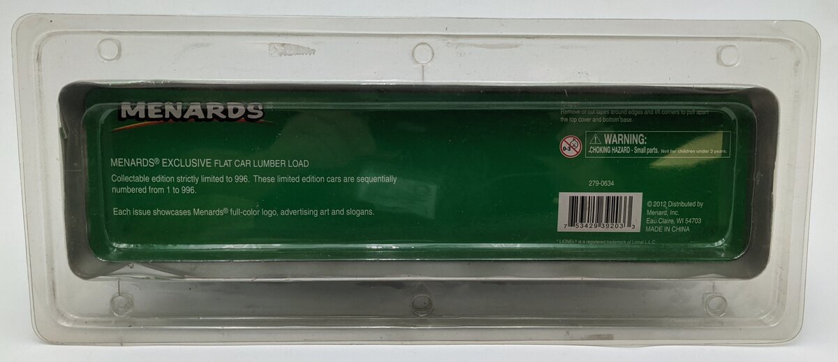Menards 279-0634 O Gauge Menards Flatcar With Lumber Load LN/Box