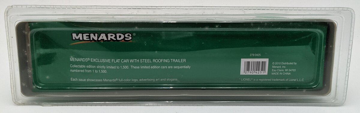 Menards 279-0425 O27 Exclusive Flatcar w/Steel Roofing Trailer MT/Box