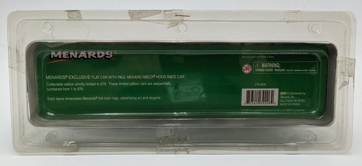 Menards 279-0639 O Scale Flat Car w/ Paul Menard Nibco Race Car LN/Box