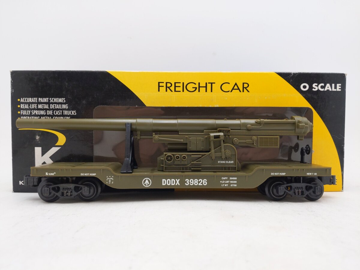 K-Line K662-8011 O Gauge DODX Depressed Center Flatcar w/Cannon EX/Box