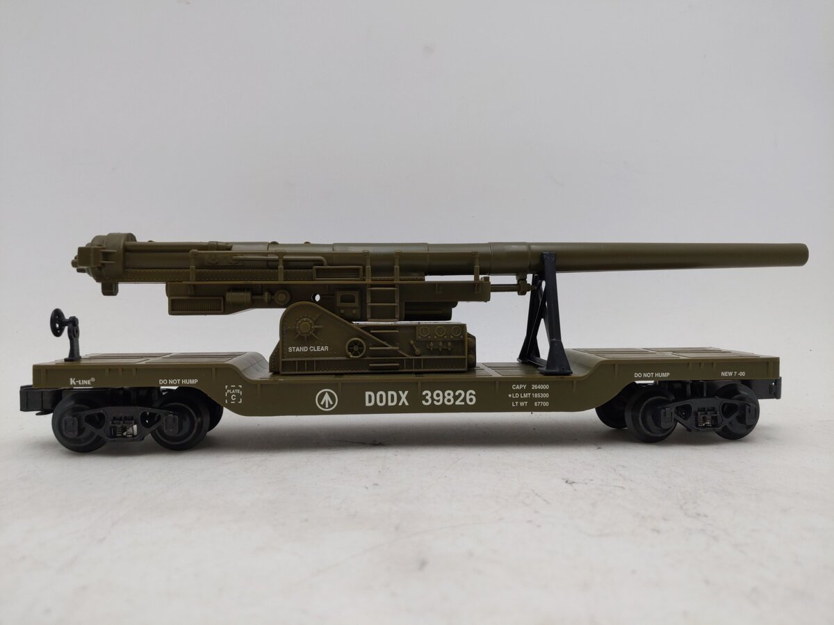 K-Line K662-8011 O Gauge DODX Depressed Center Flatcar w/Cannon EX/Box