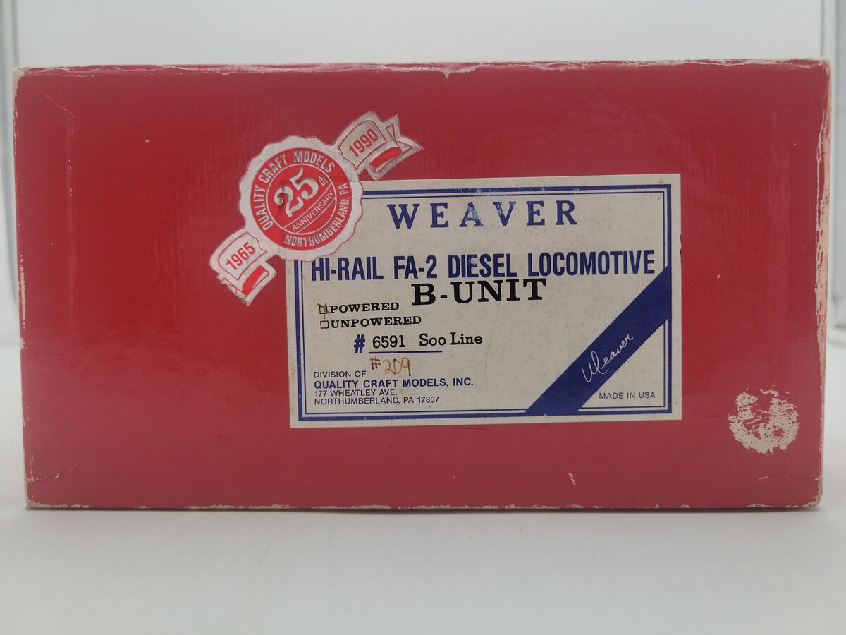 Weaver 6591 O SOO Line Powered B Unit Diesel Locomotive #209 - 3-Rail EX/Box