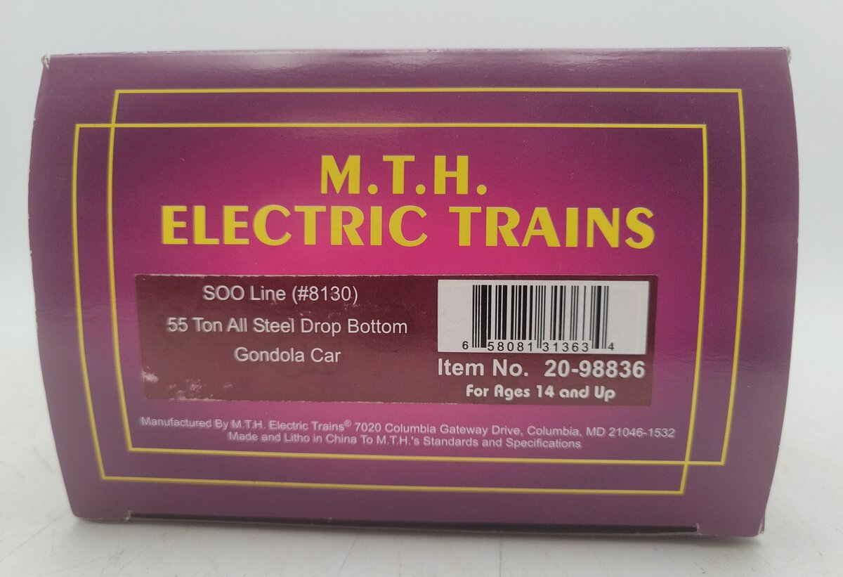 MTH 20-98836 O Gauge SOO Line 55 Ton All Steel Drop Bottom Gondola Car #8130 EX/Box