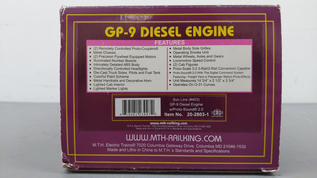 MTH 20-2803-1 Soo Line GP-9 Diesel Engine w/Proto-Sound 2.0 #403 EX/Box