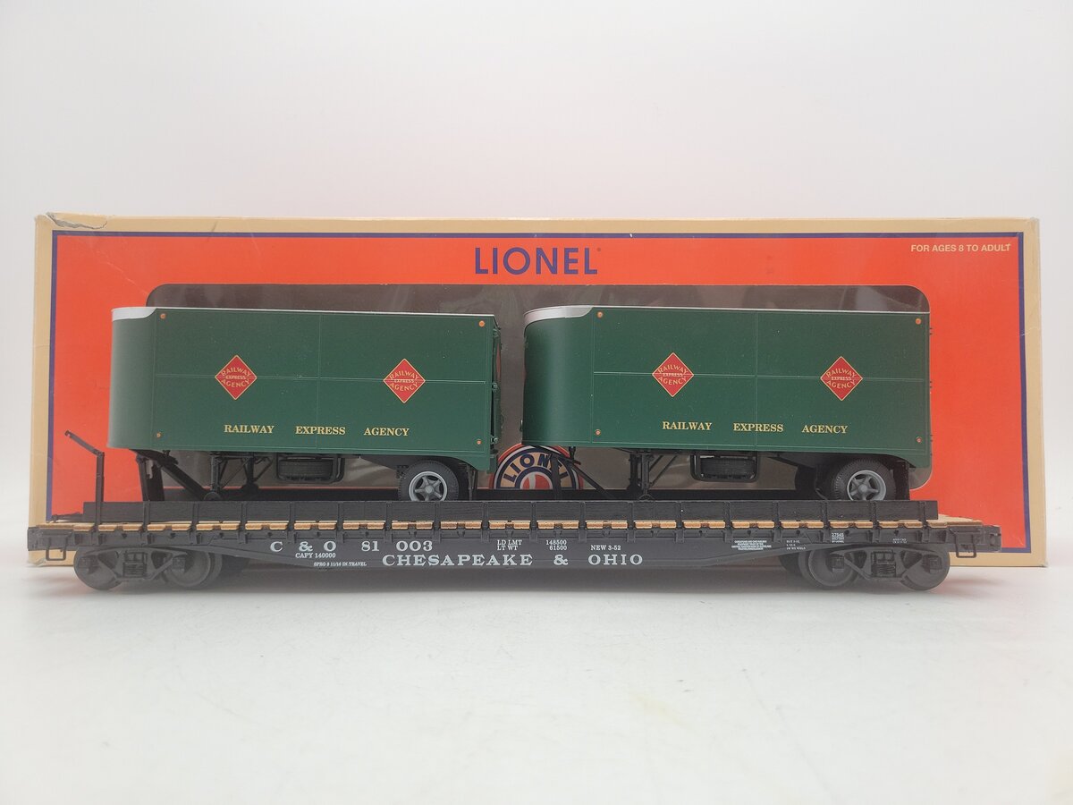 Lionel 6-27545 O Gauge Chesapeake & Ohio REA PS-4 Flatcars w/ Trailers EX/Box