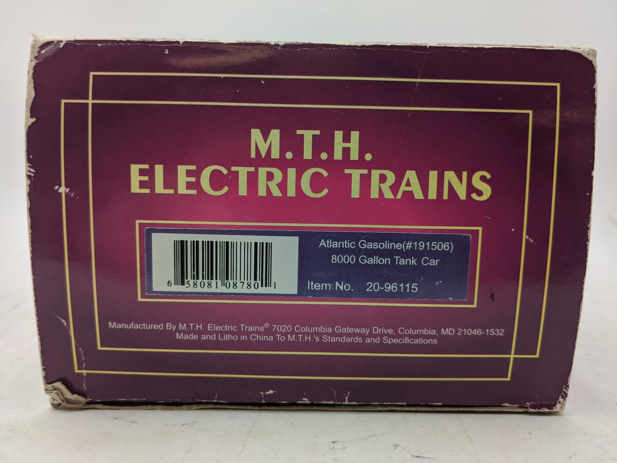 MTH 20-96115 O Atlantic Gasoline 8000 Gallon Single Dome Tank Car #191506 EX/Box