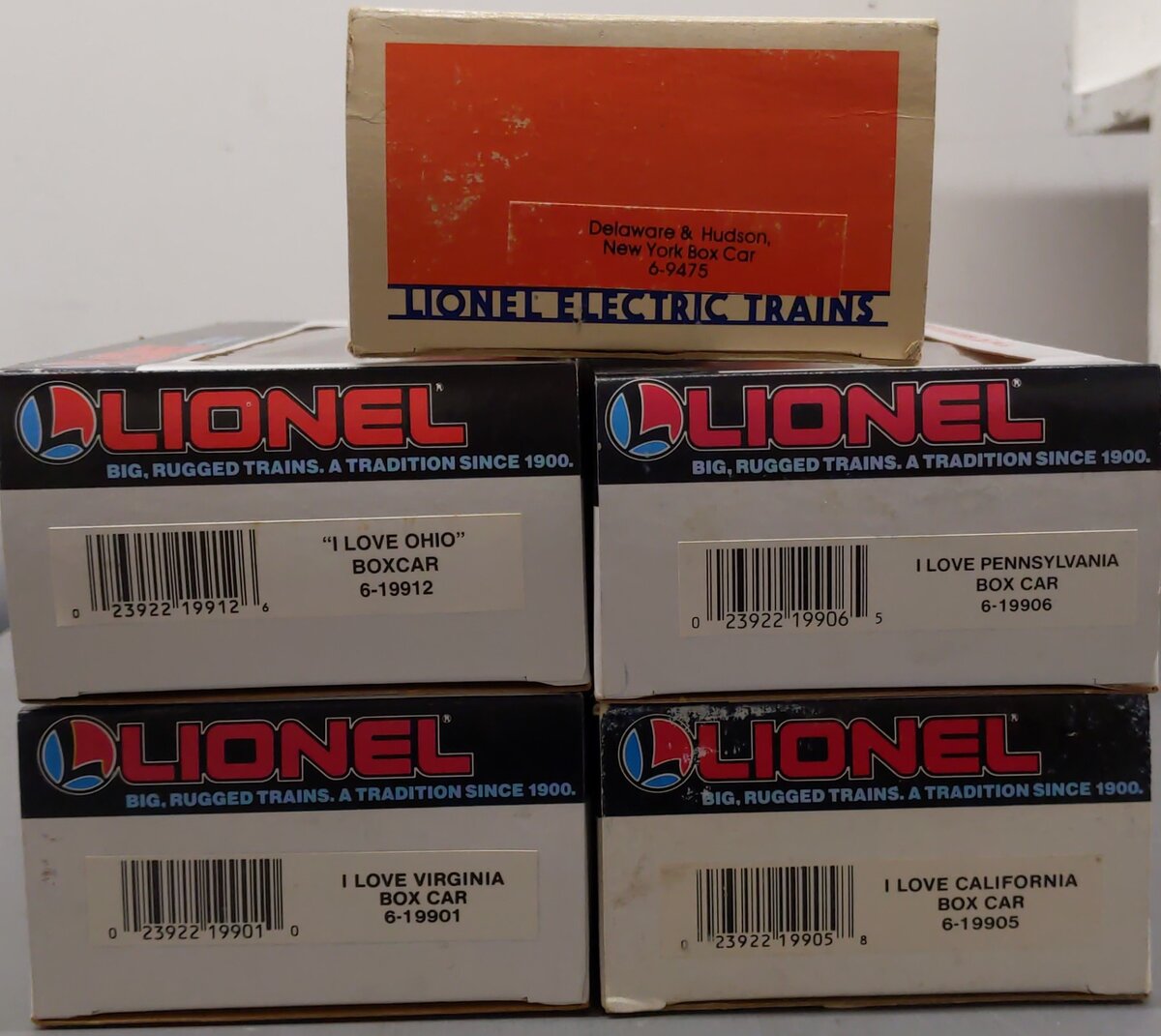 Lionel Assorted O Gauge "I Love" Boxcars: 9475, 19905, 19906, 19901, 19912 [5] LN/Box