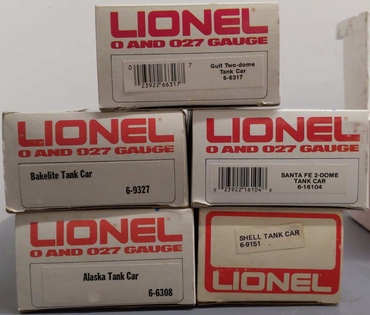 Lionel Assorted O Gauge Tank Cars: 6317, 16104, 9151, 6308, 9327 [5] VG/Box